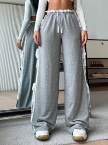 SHEIN EZwear Casual Sports Solid Color Knitted Wide Leg Pants With Contrast Bowknot For Women