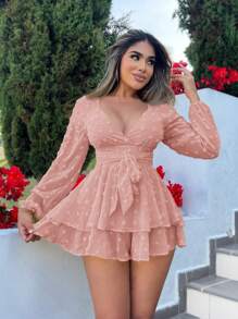 SHEIN SXY 女式 V 领纯色分层长袖连体裤性感波西米亚风生日单身派对女装夏季度假海滩波西米亚风度假装女装