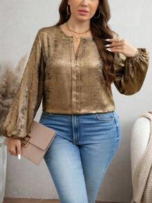 SHEIN LUNE Goudkleurige comfortabele stof voorpaneelontwerp Lange mouw Elastische manchet Plus-size shirt Winterkleding