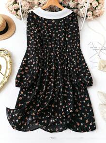 SHEIN Clasi Plus Size Floral Print Collared Long Sleeve Elegant Charming Dress - Black - View 2