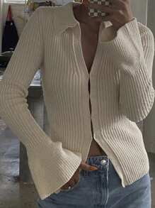 SHEIN Frenchy 女式长袖前开式舒适休闲毛衣，带纽扣环设计，秋季服装，秋季女装