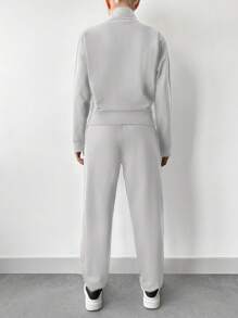 EURMUSE Drop Shoulder Half Zip Placket Sweatshirt & Sweatpants - Light Grey - View 2