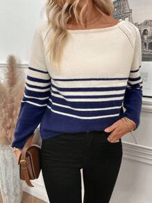 SHEIN LUNE 女士休闲圆领插肩袖条纹宽松套头毛衣 秋冬季 - 彩色 - 查看 3