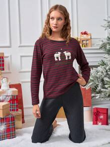 Cottnline 100% Cotton 2 Pcs  Striped New Year Embroidery Detail Shirt And Sleep Bottom Christmas PJ Set - Grey - View 3