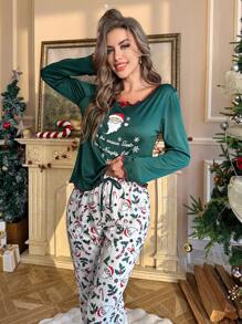 CoupledUp Santa Claus & Letter Print Ruffle Trim Crew Neck Long Sleeve Top & Pants Pajama Set, Women Christmas Clothes, For Fall