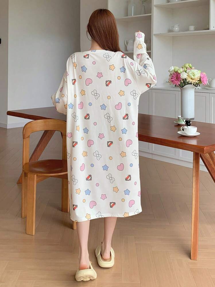 DAZY Letter Pattern Decorative Cartoon Allover Print Loose Long Sleeve Nightdress - White - View 2