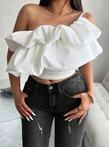 Chiquease Women Solid Color Asymmetrical Neck Ruffle Sleeveless Sexy Top - White - View 4