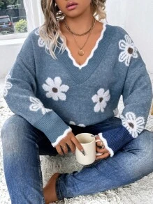 Elenzga Plus Size Floral Embellished V-Neck Long Sleeve Pullover Sweater, Casual Everyday Wear, For Winter Knit Pullover Fall Autumn - Blue - View 6