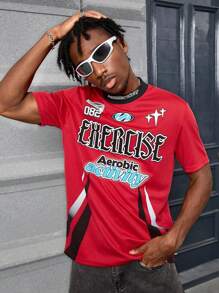 PAVTROS Manfinity Streetrush Men Mesh Athletic Fitted Stand Collar Round Neck Printed T-Shirt - Red - View 3