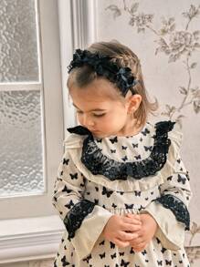SHEIN Vestido de manga larga con estampado de mariposas, ribete de encaje floral vintage elegante para bebé niña, primavera y otoño - Negro - Ver 5