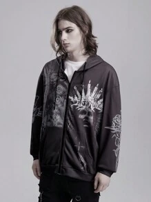 ROMWE MEN Goth Men's Printed Zipper Drawstring Casual Everyday Wear Hooded Sweatshirt - Multicolor - View 3