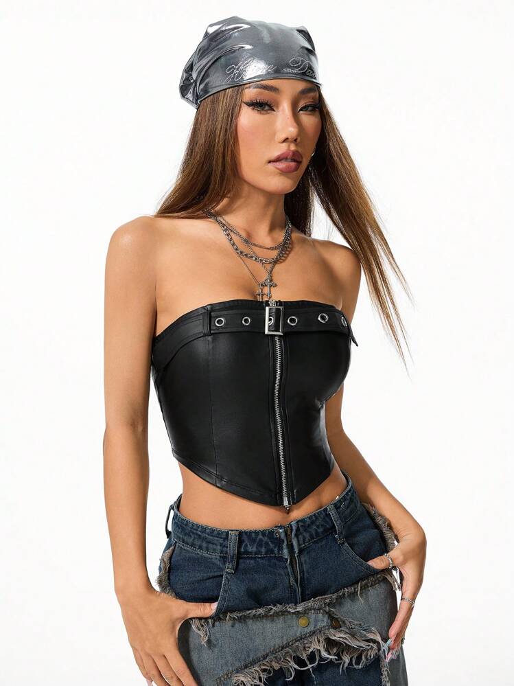 Coolane 女士 Y2K Concert 拉链皮革修身款 - 黑色 - 查看 6