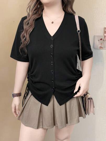 SHEIN EMERY ROSE CURVE 大码春秋休闲纯色抽绳短袖开衫，适合冬季