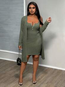 Slaydiva Plus Size Pocket Design Buttoned Ribbed Casual Dress & Long Sleeve Open Front Coat-Light Green-J - Army Green - View 6