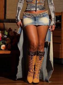 Y2K复古水洗毛边不对称下摆性感牛仔裙，音乐节休闲装 - 藍色 - 查看 4