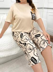 Cute Plus Size Women Pajama Set With Cartoon Bear Print And Pocket, Soft Knit Fabric Round Neck PJ Set - Multicolor - View 3