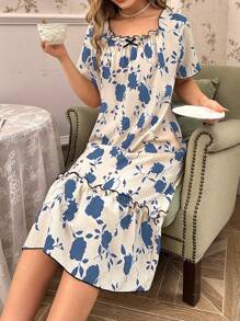 CottageSlumber Women Floral Allover Print Ruffle Hem Short Sleeve Nightgown Babydoll Perfect Summer - Blue - View 6