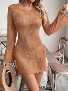 SHEIN Clasi Fashionable Backless Tied Strap Textured Floral Cutout Flare Sleeve A-Line Knit Dress For Vacation Fall Cloth For Women - Rust Brown - View 8