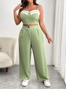 Calvaya 2pcs Plus Size Women Summer Contrast Color Cropped Camisole And Pleated Pants Casual Set - Green - View 6