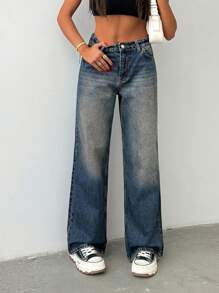 EURMUSE 100% Cotton WOMEN WIDE LEG BELTED MID WAIST JEANS - Medium Wash - View 6