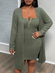 Slaydiva Plus Size Pocket Design Buttoned Ribbed Casual Dress & Long Sleeve Open Front Coat-Light Green-J - Army Green - View 5