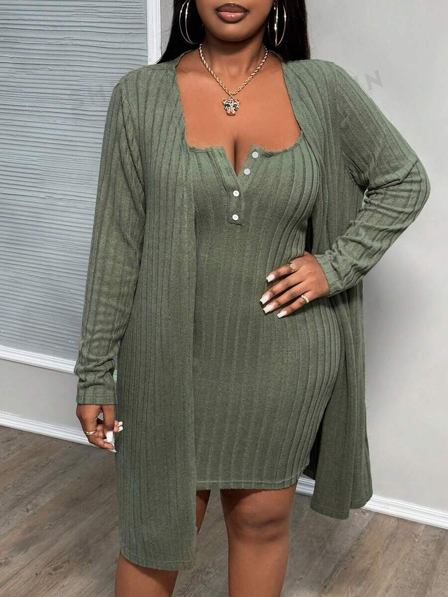 SHEIN Slayr Plus Size Pocket Design Buttoned Ribbed Casual Dress & Long
