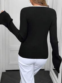 Chiquease Women's Autumn/Winter Ribbed Scoop Neck Long Sleeve Casual Pullover Sweater, Knit Pullover Fall - Black - View 2