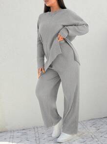Cloudara Plus Size  Drop Shoulder Split Hem Tee & Pants - Grey - View 5