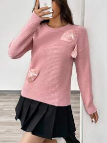 Chiquease Women's Casual Crewneck Drop Shoulder Bow Decor Sweater, Autumn/Winter Knit Pullover Fall Outfit