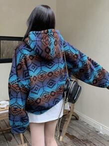 DAZY 女士加厚保暖撞色宽松卫衣波西米亚风卫衣，带保暖内衬秋冬外套 - 藍色 - 查看 4