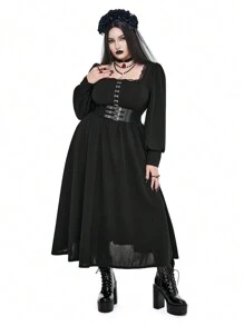 Whyspr 暗黑朋克哥特式中世纪复古暗黑哥特式巴洛克宫廷风格泡泡袖复古金属装饰纽扣腰部喇叭裙长款哥特女装 - 黑色 - 查看 4