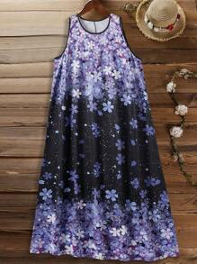 Plus Size Vacation Casual Solid Color Jacket And Floral Print Dress 2-Piece Set - Purple - View 4