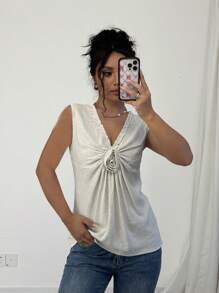 SHEIN Frenchy Blusa sin mangas de unicolor simple con cuello de volantes, corsé, ropa interior para mujer de otoño, blusa de lino, blusa para mujer de dinero antiguo