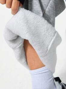 Coolane 女士纯色休闲运动日常休闲带羊毛口袋抽绳直筒休闲宽松舒适运动宽松运动裤秋冬季 - 灰色 - 查看 1