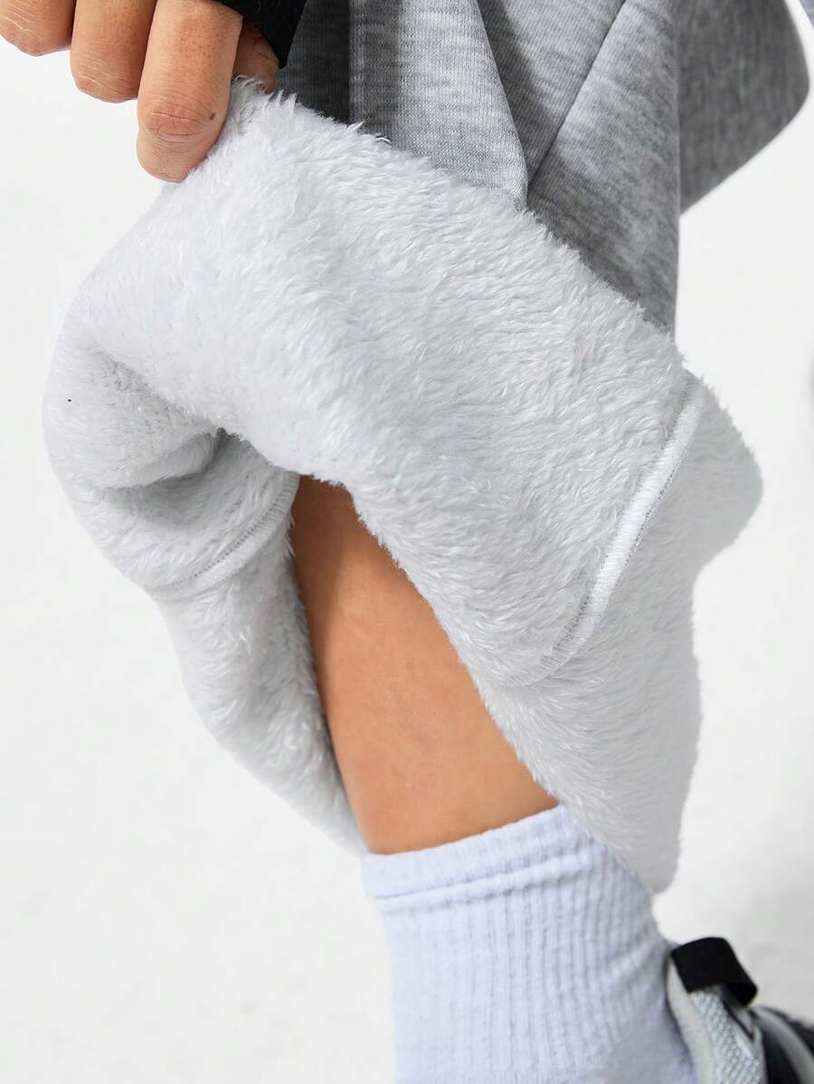 Coolane 女士纯色休闲运动日常休闲带羊毛口袋抽绳直筒休闲宽松舒适运动宽松运动裤秋冬季 - 灰色 - 查看 1