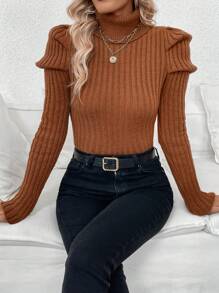 Chiquease 复古泡泡袖罗纹高领修身加厚长袖针织毛衣，欧美秋冬款，秋季 - 卡其色 - 查看 7