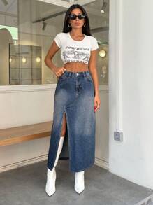 SHEIN Cottnline MID LENGHT DENIM SKIRT ASYMMETRICAL SLIT DETAIL - Dark Wash - View 7