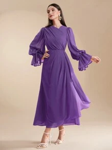 Modelyn Đầm viền nhún bèo dài tay màu trơn dành cho nữ, thường ngày & ngày lễ - Màu tím - Xem 5