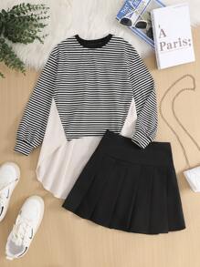 SHEIN 2pcs Tween Girl Knit Asymmetrical Patchwork Top And Pleated Skirt Set