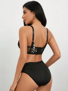 2pcs/Set Women's Lace Patchwork Underwire Bra Set - Black - View 4