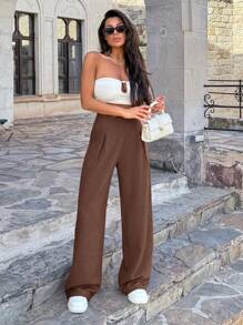 EURMUSE Women Linen Beige Wide Leg Pants - Coffee Brown - View 3
