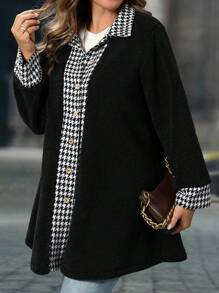 SHEIN LUNE 大码拼色千鸟格图案夹克，秋冬 - 黑色 - 查看 3