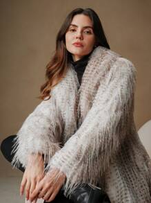 Anewsta 新款秋冬时尚蓬松长款外套，优雅淑女风蓬松毛绒外套 - 淺灰色 - 查看 5