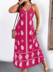 SHEIN LUNE 大码女式几何汉字印花宽松吊带长裙，夏季 - 玫紅色 - 查看 6