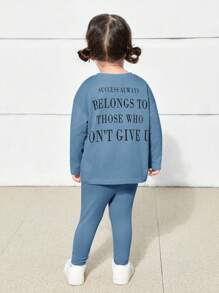 SHEIN Baby Girl Cute Knitted Letter Print Long Sleeve Top And Elastic Waist Pants Set - Blue - View 2