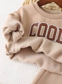 Cozy Pixies 2pcs Baby Boy Letter Pattern Soft Knit Crew Neck Long Sleeve Sweatshirt And Jogger Pants Set - Khaki - View 6