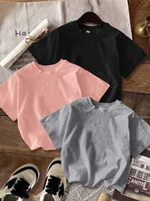 SHEIN EZwear Bộ 3 Áo thun ngắn tay cổ tròn in hình gấu cười đơn giản, thoải mái cho nữ, màu đen/xám/hồng, thích hợp cho mùa hè - Nhiều màu - Xem 2