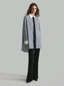 Ontre 蓝色条纹拼布超大长款休闲工作衬衫宽松衬衫 - 彩色 - 查看 1