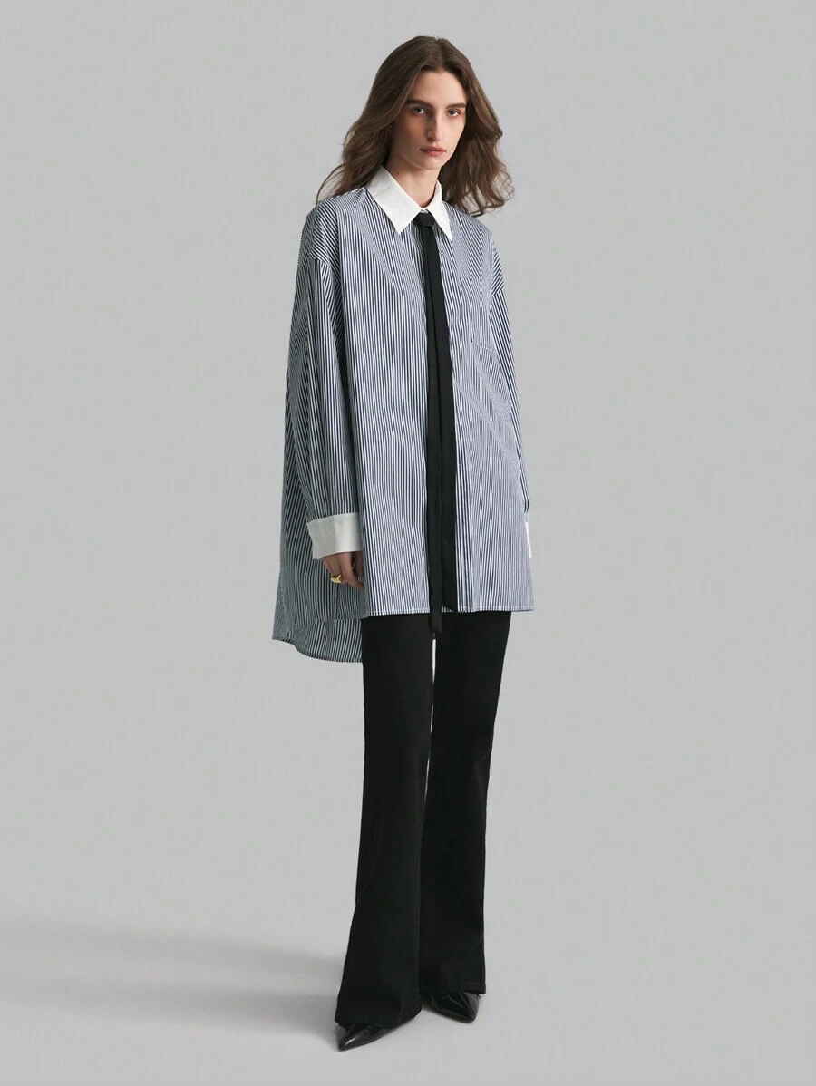 Ontre 蓝色条纹拼布超大长款休闲工作衬衫宽松衬衫 - 彩色 - 查看 1