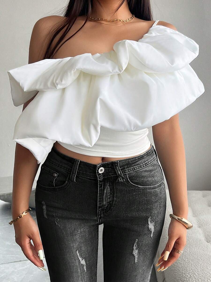 Chiquease Women Solid Color Asymmetrical Neck Ruffle Sleeveless Sexy Top - White - View 1